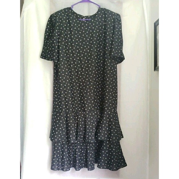 VTG JENNY Black Patterned Dress Flared Out Skirt Style USA SEE MEASUREMENTS - Picture 1 of 10